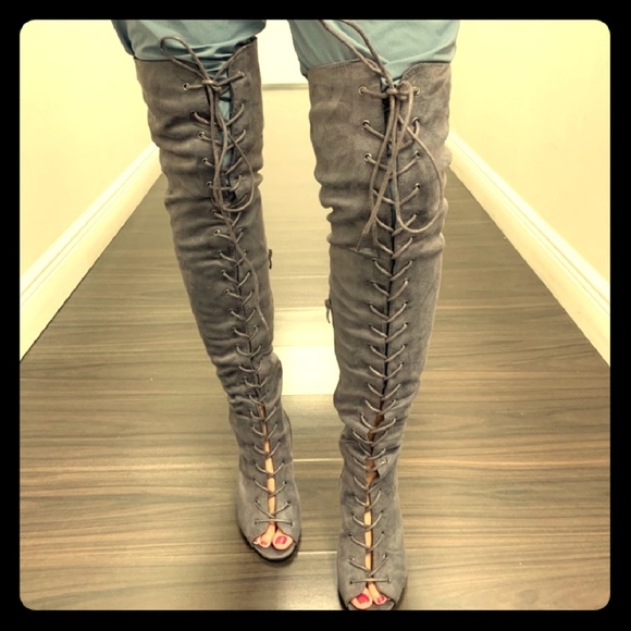 Shoes - Faux suede open toe lace up bootie -grey
